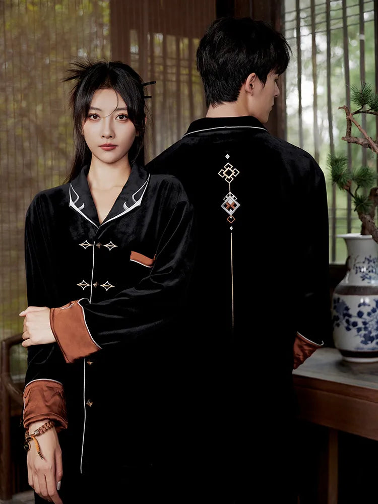 Front view of Genshin Impact Zhongli themed velvet pajama set with embroidered collar details