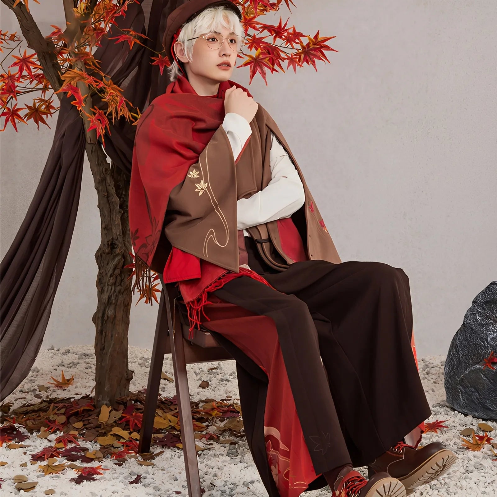 Kaedehara Kazuha themed wide leg suspenders pants autumn fashion model styling