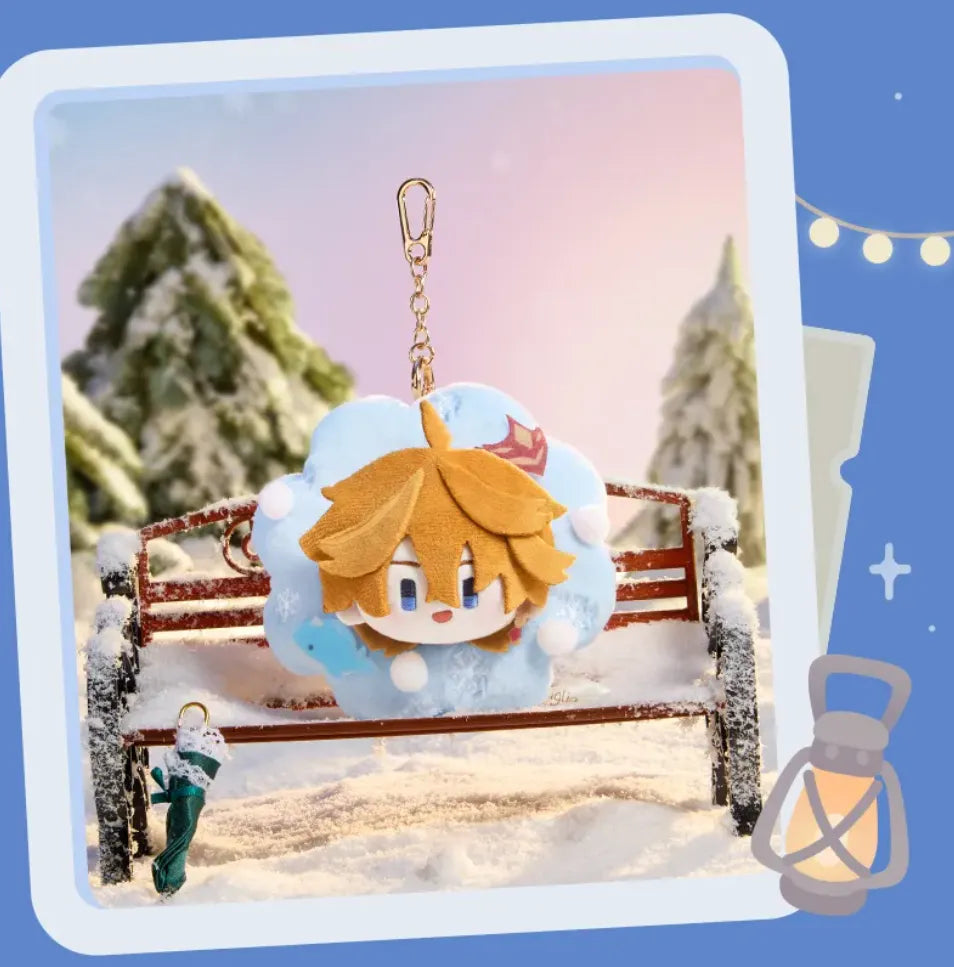 Character plush charms with soft flower-ring bases and metal chains