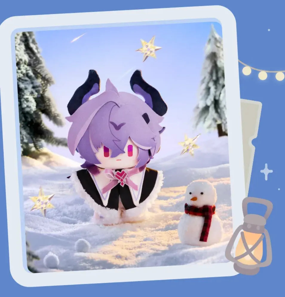 Tartaglia plush doll displayed in a snowy winter setting