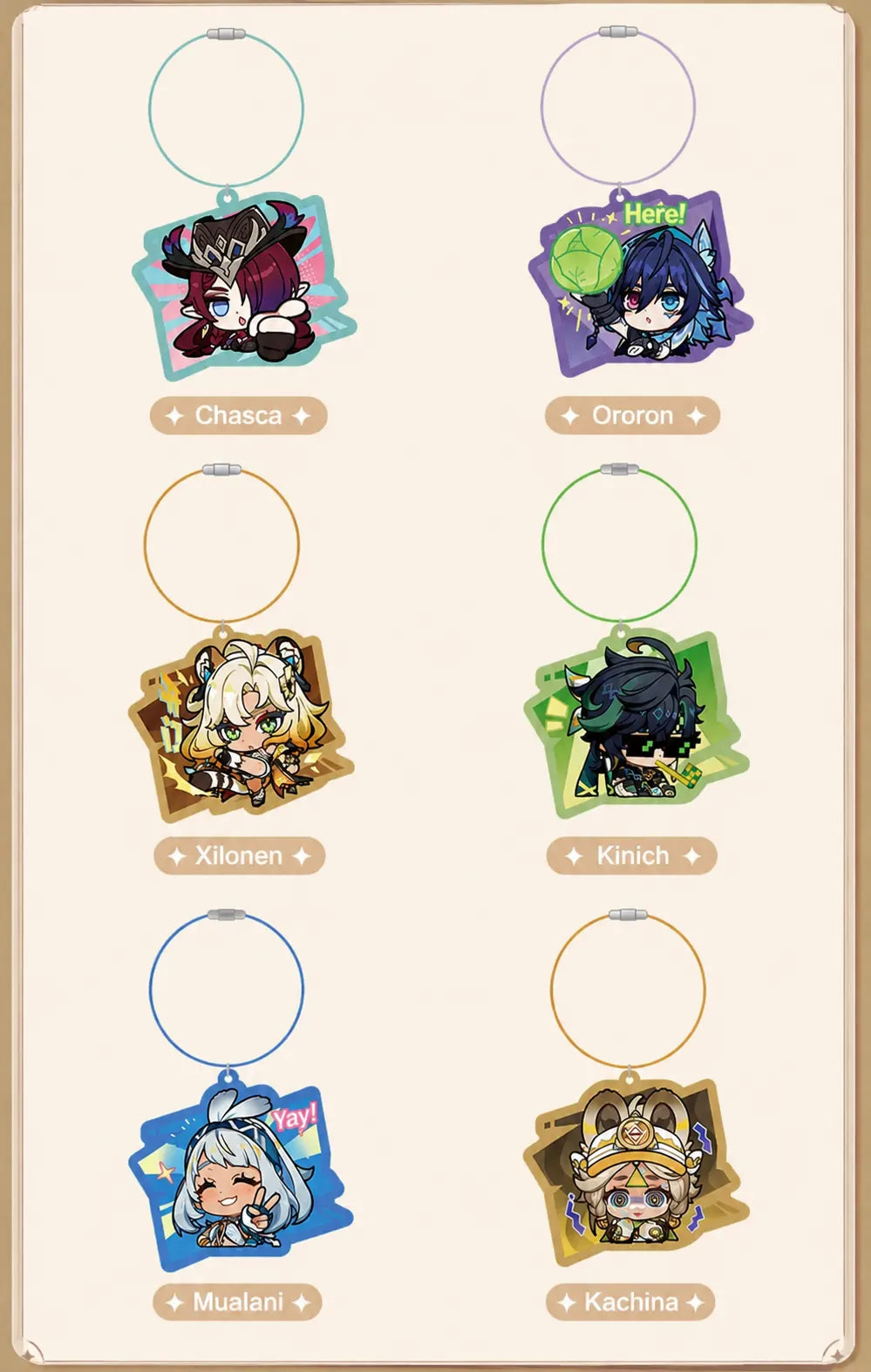 Genshin acrylic keychain display featuring Natlan themed character designs