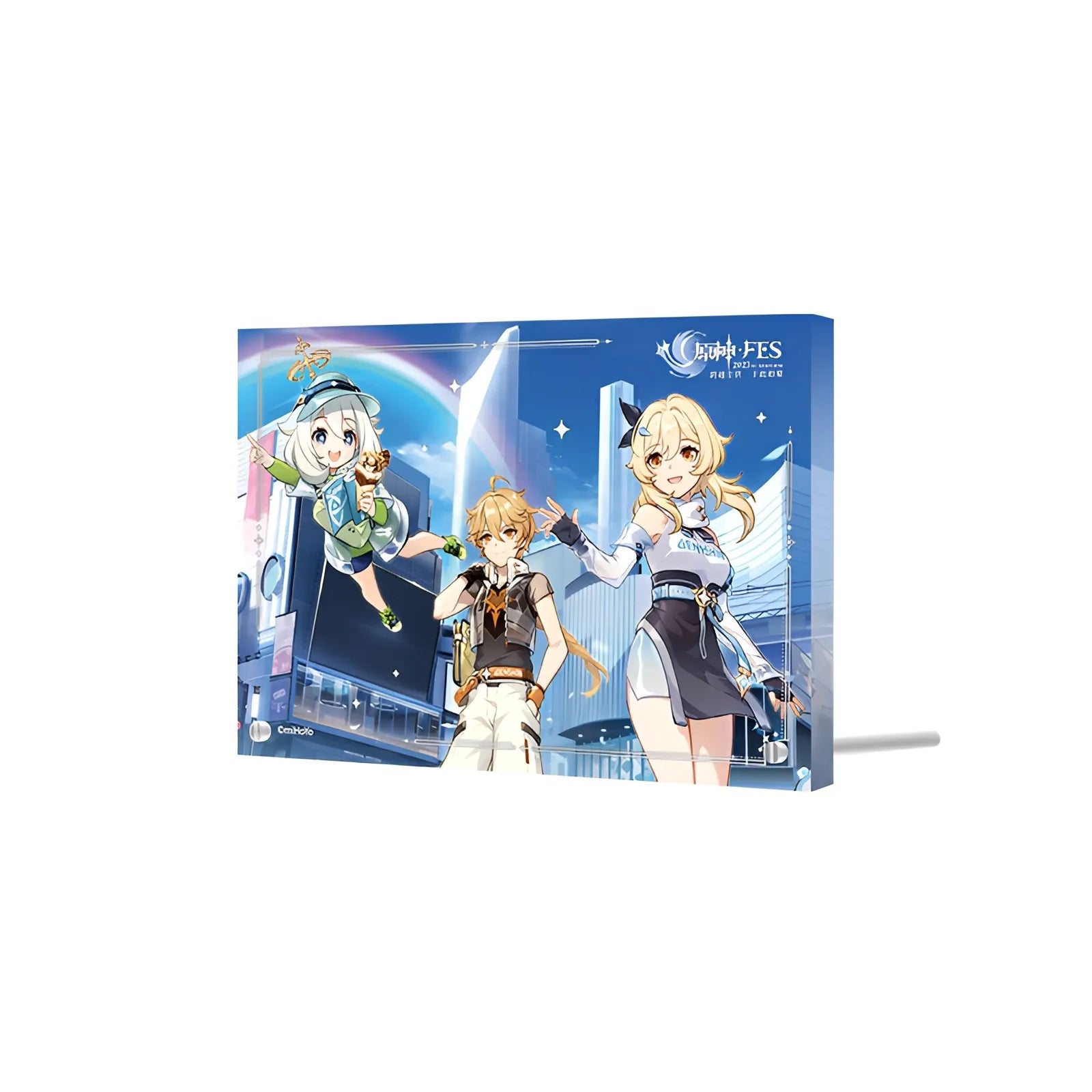 Genshin Impact Reunion Series thick acrylic display featuring Paimon Lumine and Aether