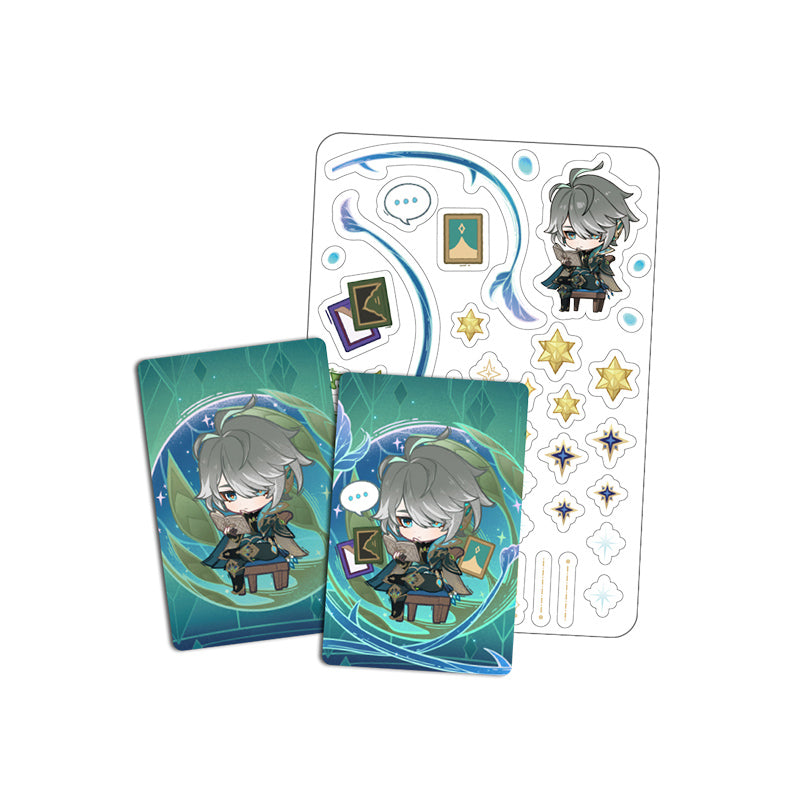 Genshin Impact Starlight Messages card set featuring Alhaitham chibi design with cards and stickers