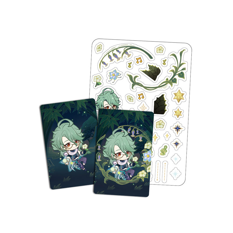 Genshin Impact Starlight Messages card set featuring Baizhu chibi design with cards and stickers
