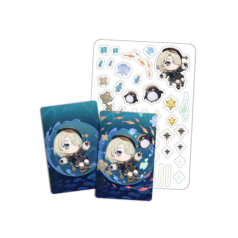Genshin Impact Starlight Messages card set featuring Freminet chibi design with cards and stickers