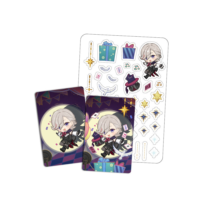 Genshin Impact Starlight Messages card set featuring Lyney chibi design with cards and stickers