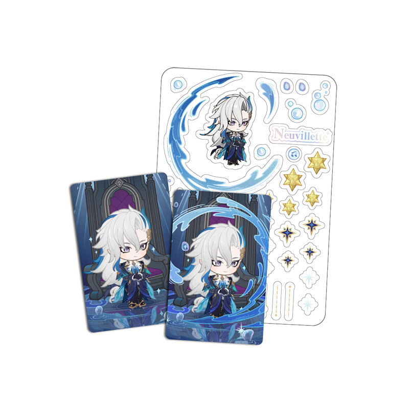 Genshin Impact Starlight Messages card set featuring Neuvillette chibi design with cards and stickers
