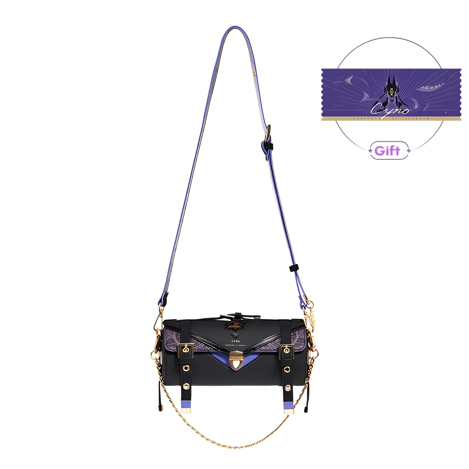Cyno barrel bag white background side angle showing strap and metal details