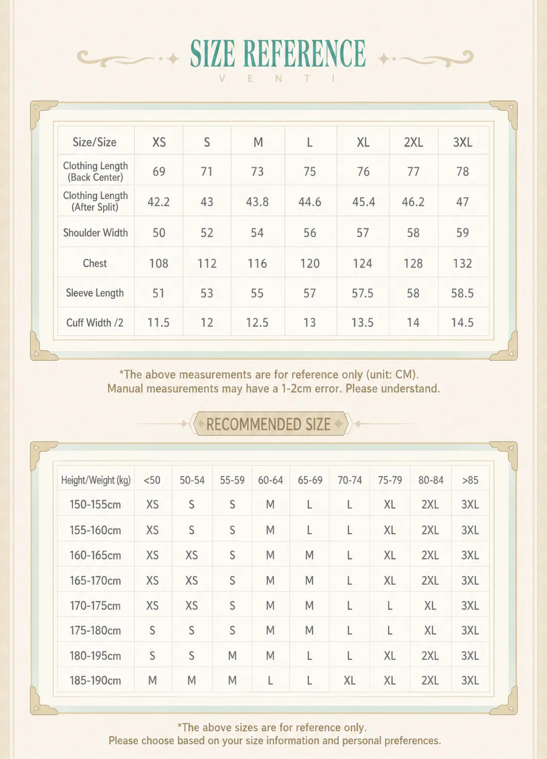 Venti long sleeve shirt size chart XS to 3XL reference