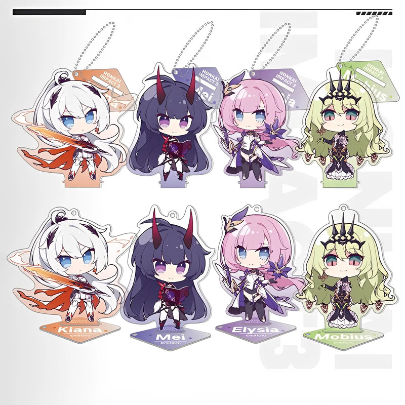 Honkai Impact 3 chibi acrylic keychain collection featuring Kiana, Elysia, Raiden Mei and Mobius