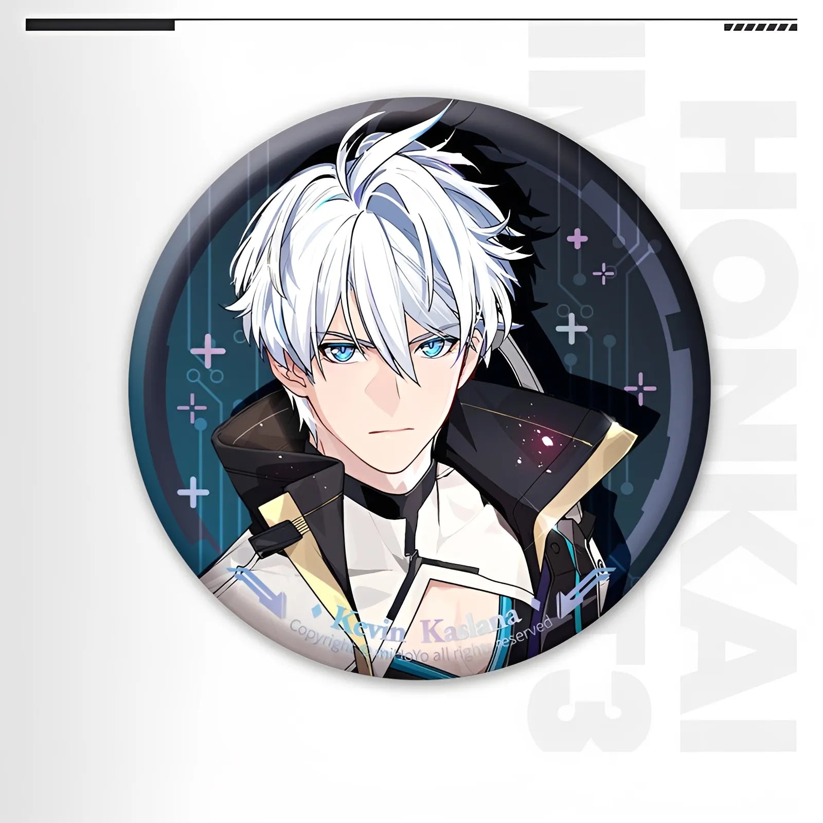 Honkai Impact 3 Kevin Kaslana laser badge with holographic PET finish tinplate character pin anime collectible
