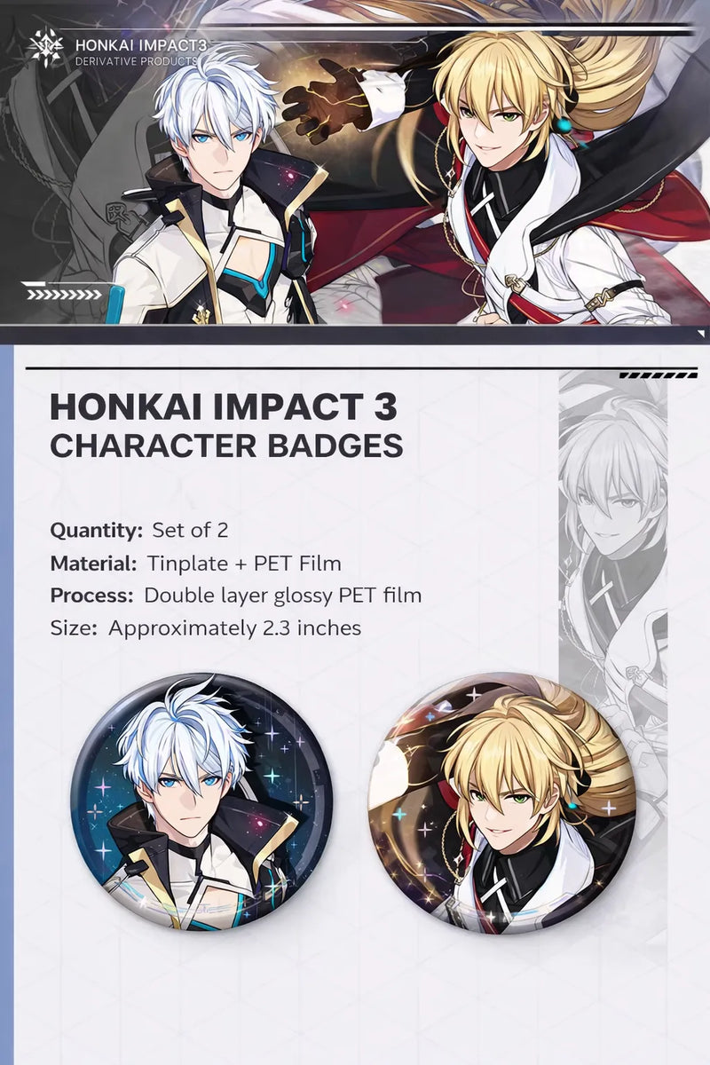 Honkai Impact 3 Kevin and Otto character laser badge product details showing tinplate material glossy PET process and packaging