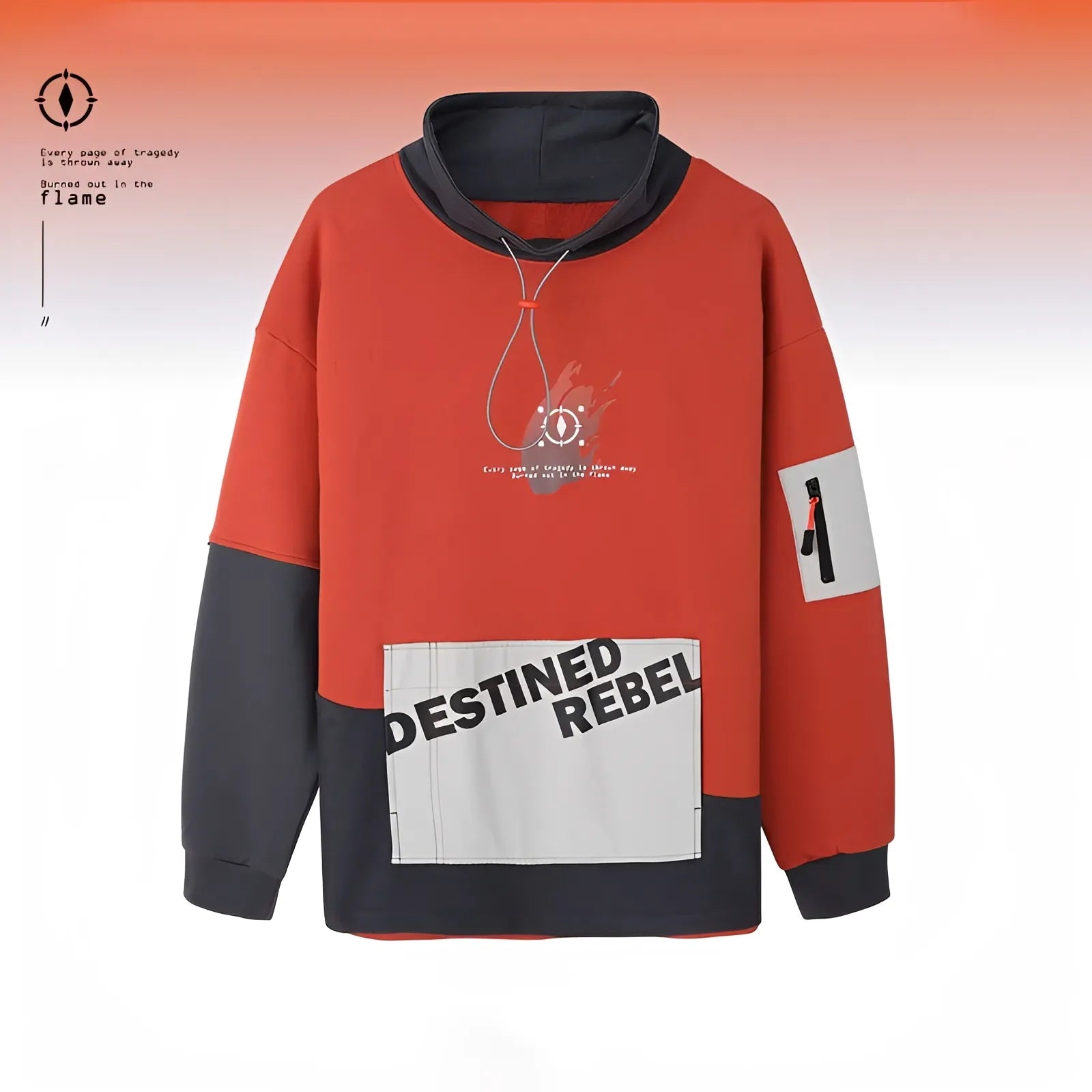 Detail of Honkai Impact 3 Kiana Flame-Chasers hoodie showing Destined Rebel graphic and cotton fabric