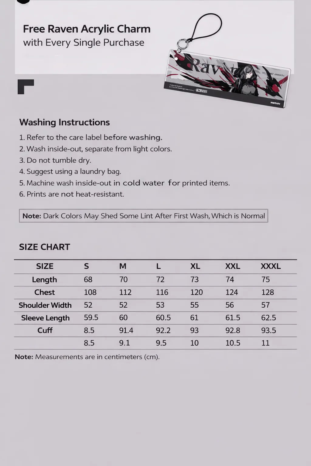 Size chart for Honkai Impact 3 Midnight Absinthe Natasha patchwork sweatshirt