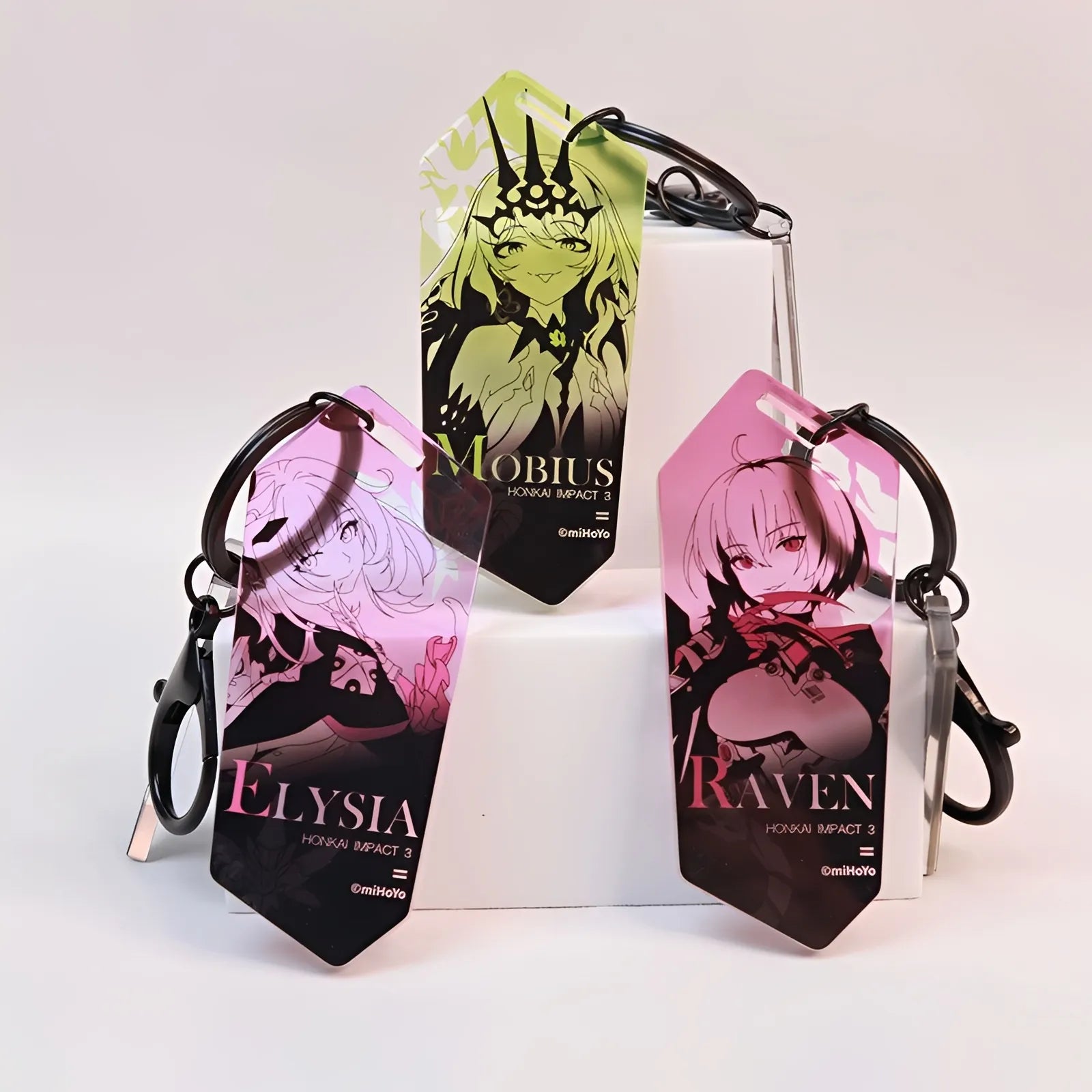 Honkai Impact 3 Serpent Imprint acrylic keychain set featuring Elysia, Natasha and Mobius character designs