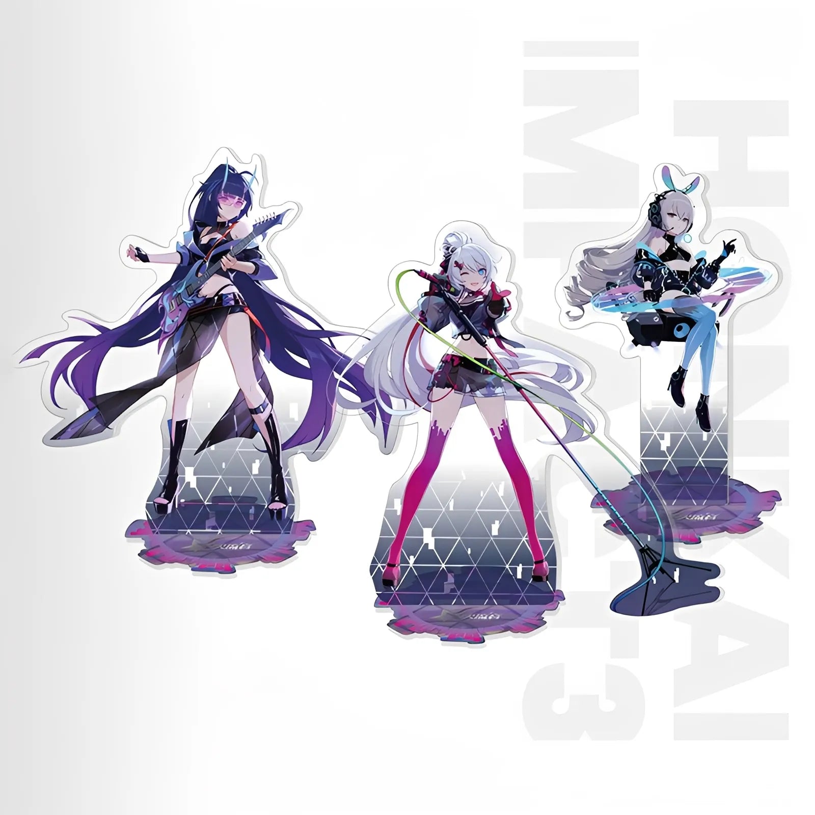 Honkai Impact 3 Sparkling Melody Series acrylic stands featuring Kiana, Raiden Mei and Bronya band theme character designs
