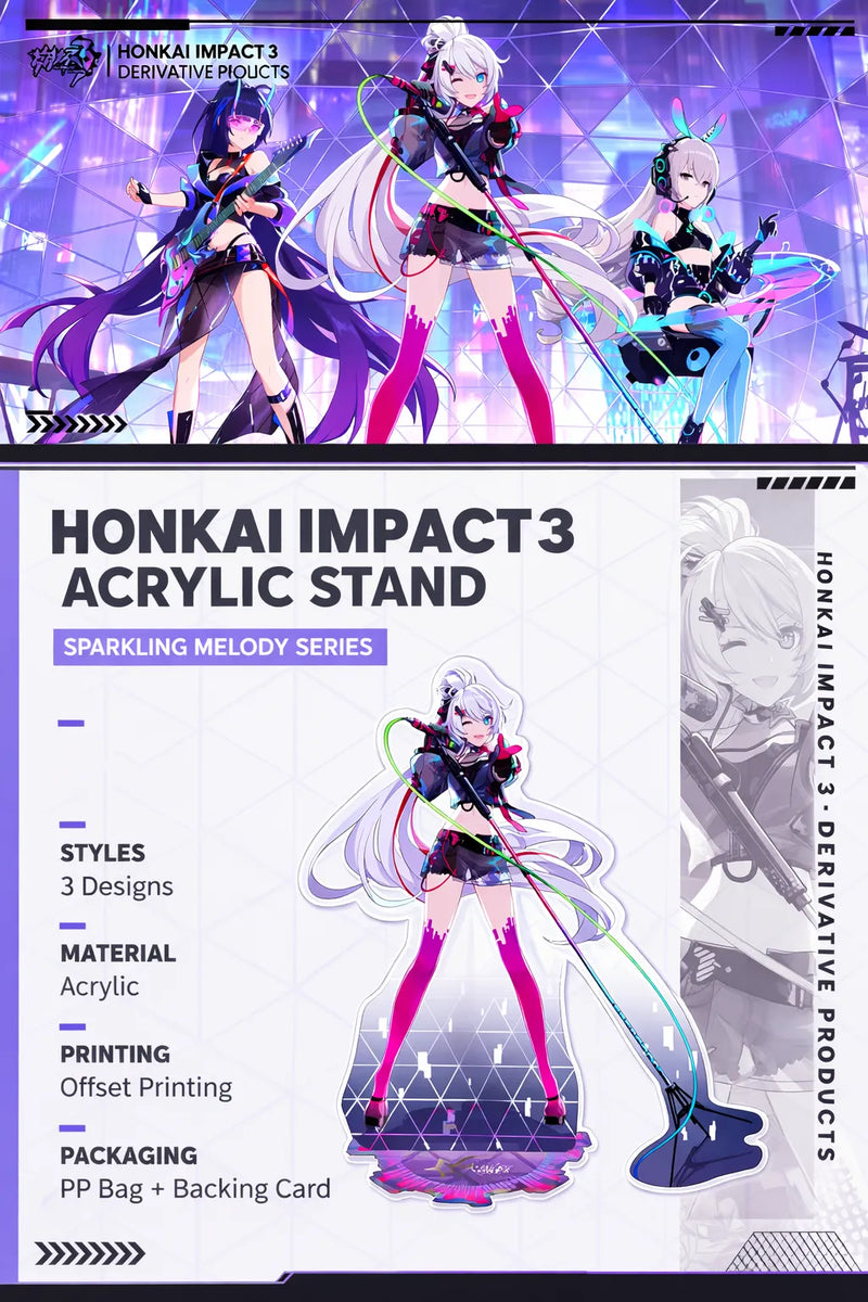 Honkai Impact 3 Sparkling Melody Series acrylic stand product details showing material printing and packaging information