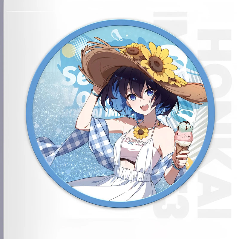 Honkai Impact 3 Summer Series liquid sand coaster featuring Seele summer beach illustration with glitter sand acrylic coaster