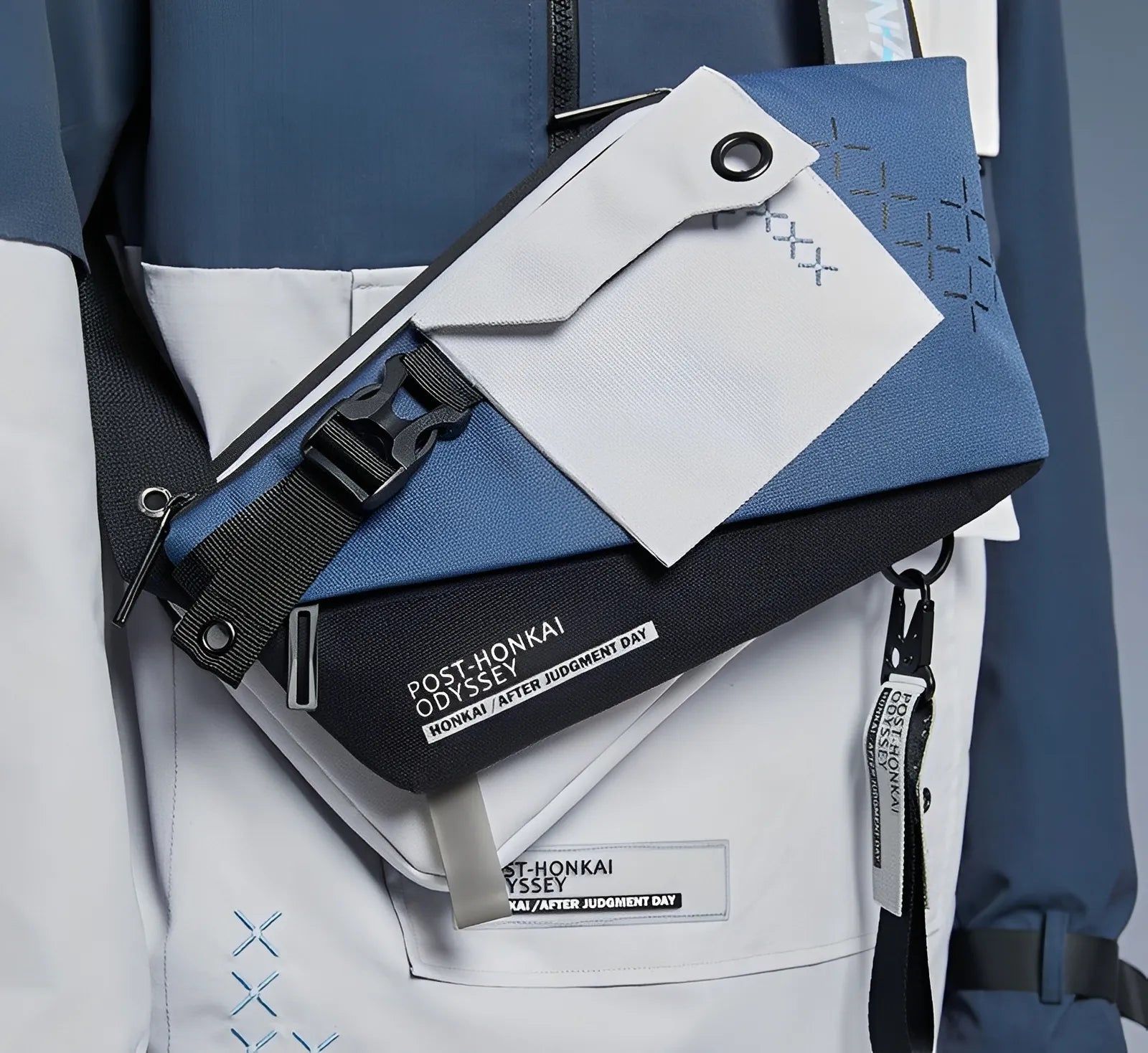 Bronya Silverwing chest bag pocket and buckle detail Oxford fabric anime techwear bag