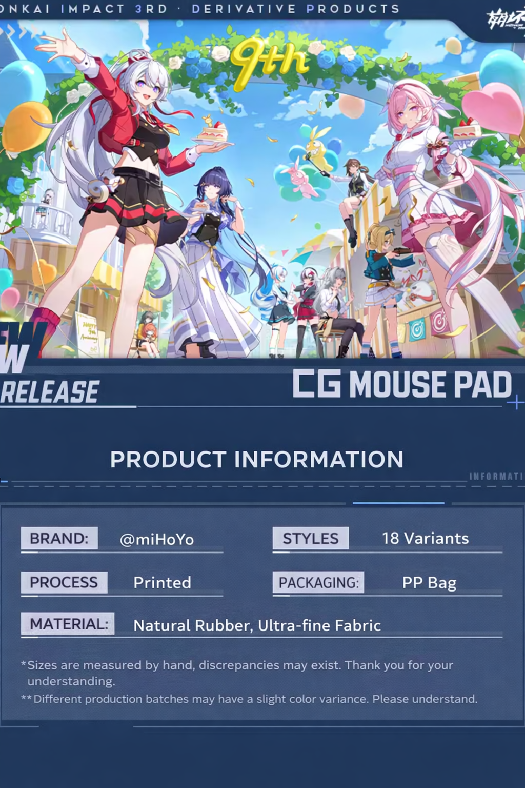 Honkai Impact 3rd CG Mouse Pad Product Information Natural Rubber Ultra Fine Fabric
