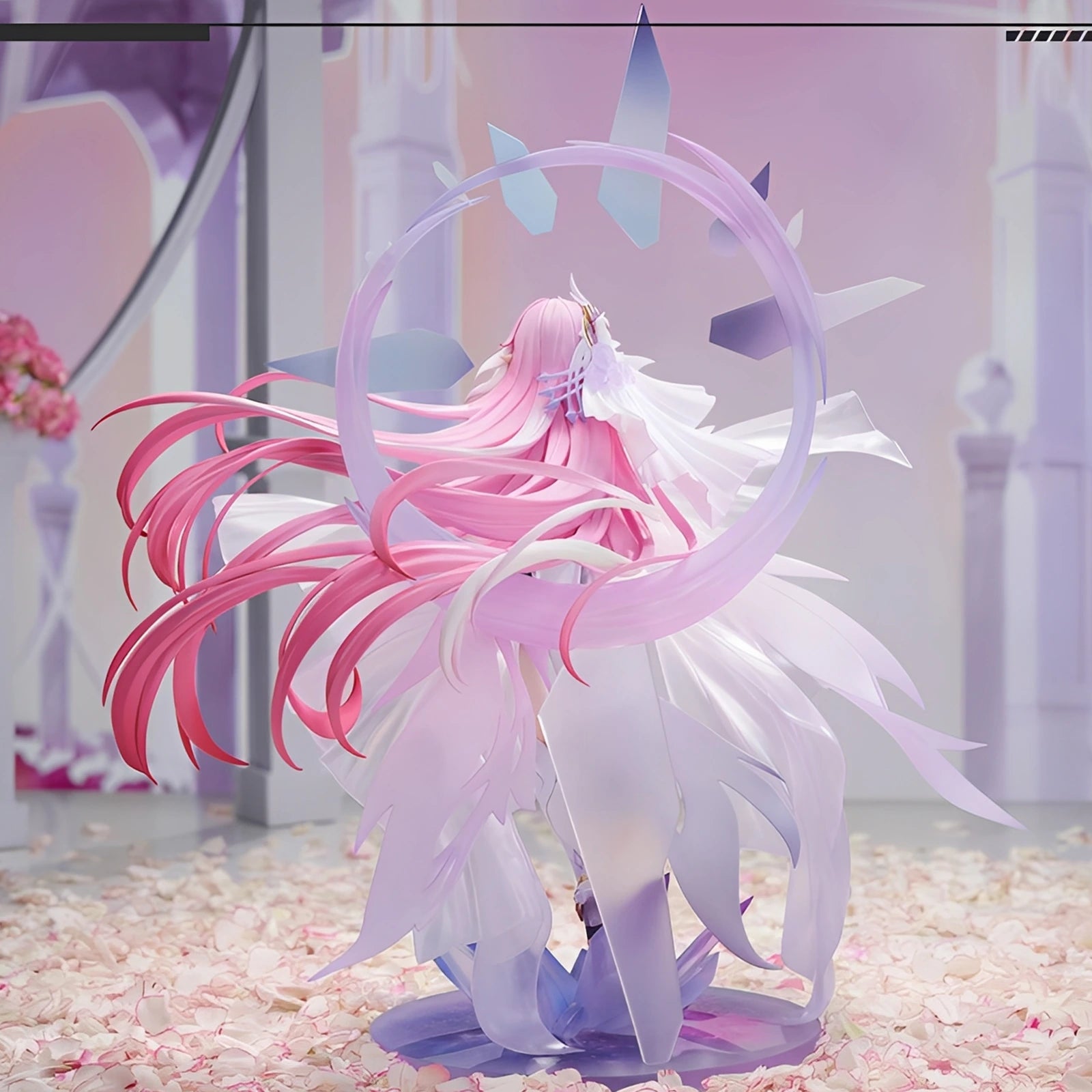 Back view of Honkai Impact 3rd Elysia 1/7 scale figure showcasing layered dress sculpt and circular halo structure