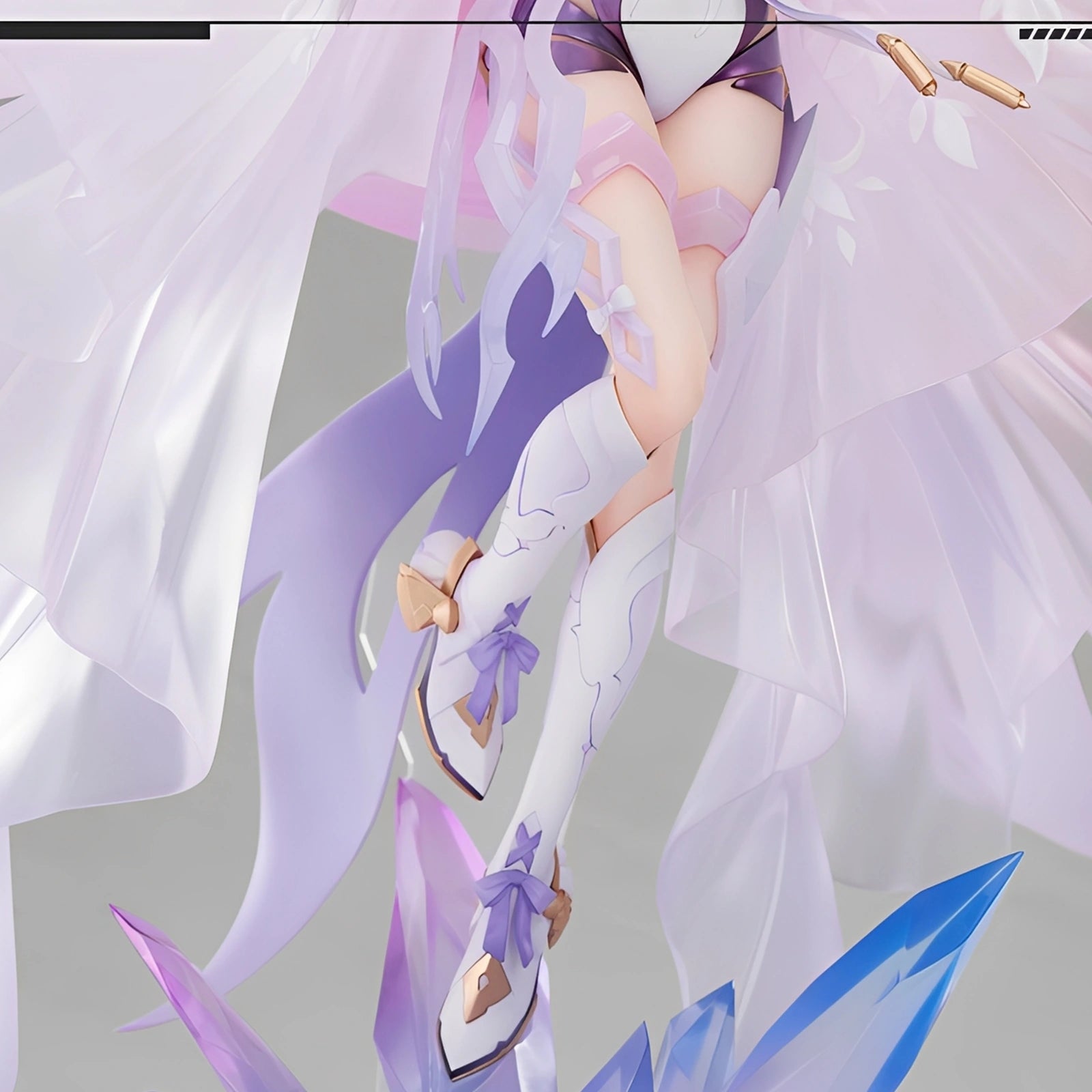 Detailed close-up of Elysia 1/7 scale figure leg armor and translucent base crystal elements