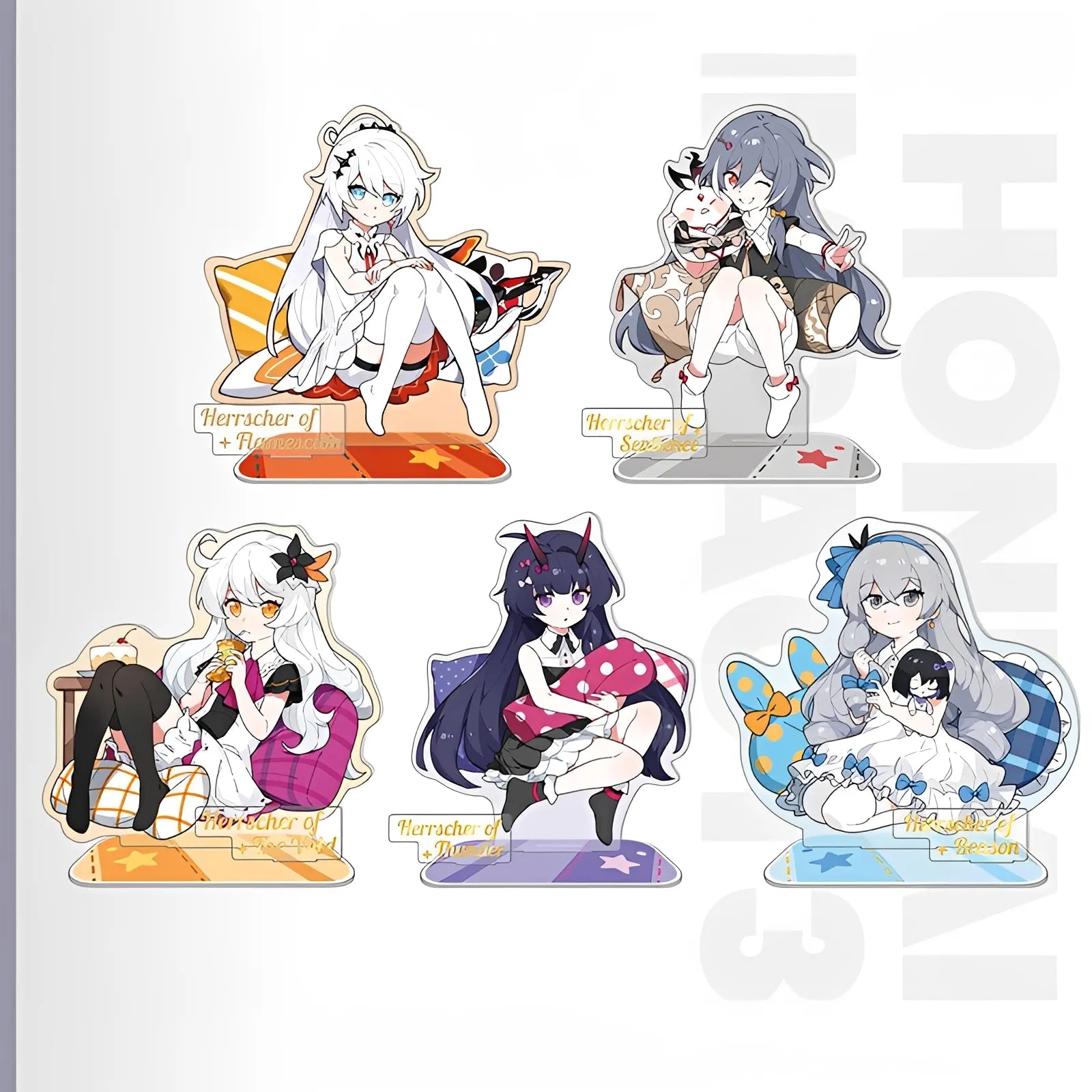 Honkai Impact 3rd Herrscher Chibi Series acrylic stand collection featuring Kiana Bronya Raiden Mei and Fu Hua