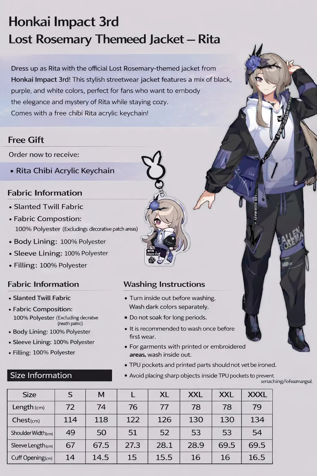 Size chart for Honkai Impact 3rd Rita Fallen Rosemary themed jacket
