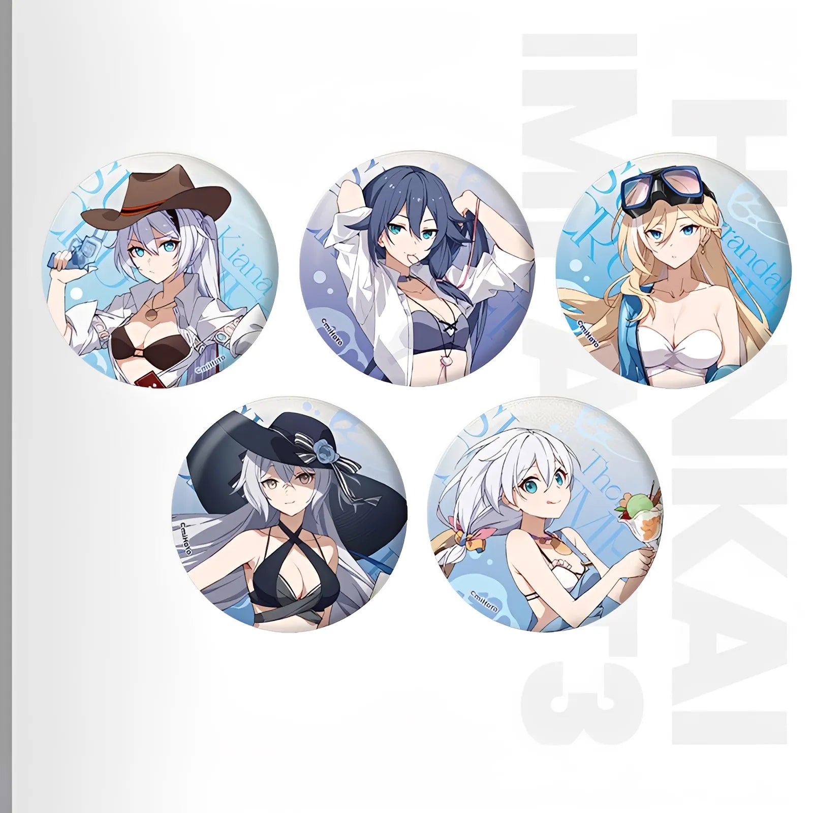Honkai Impact 3rd Summer Series character tinplate badge collection featuring Herrscher of Sentience Yae Sakura Seele Vollerei Raiden Mei and other Valkyries