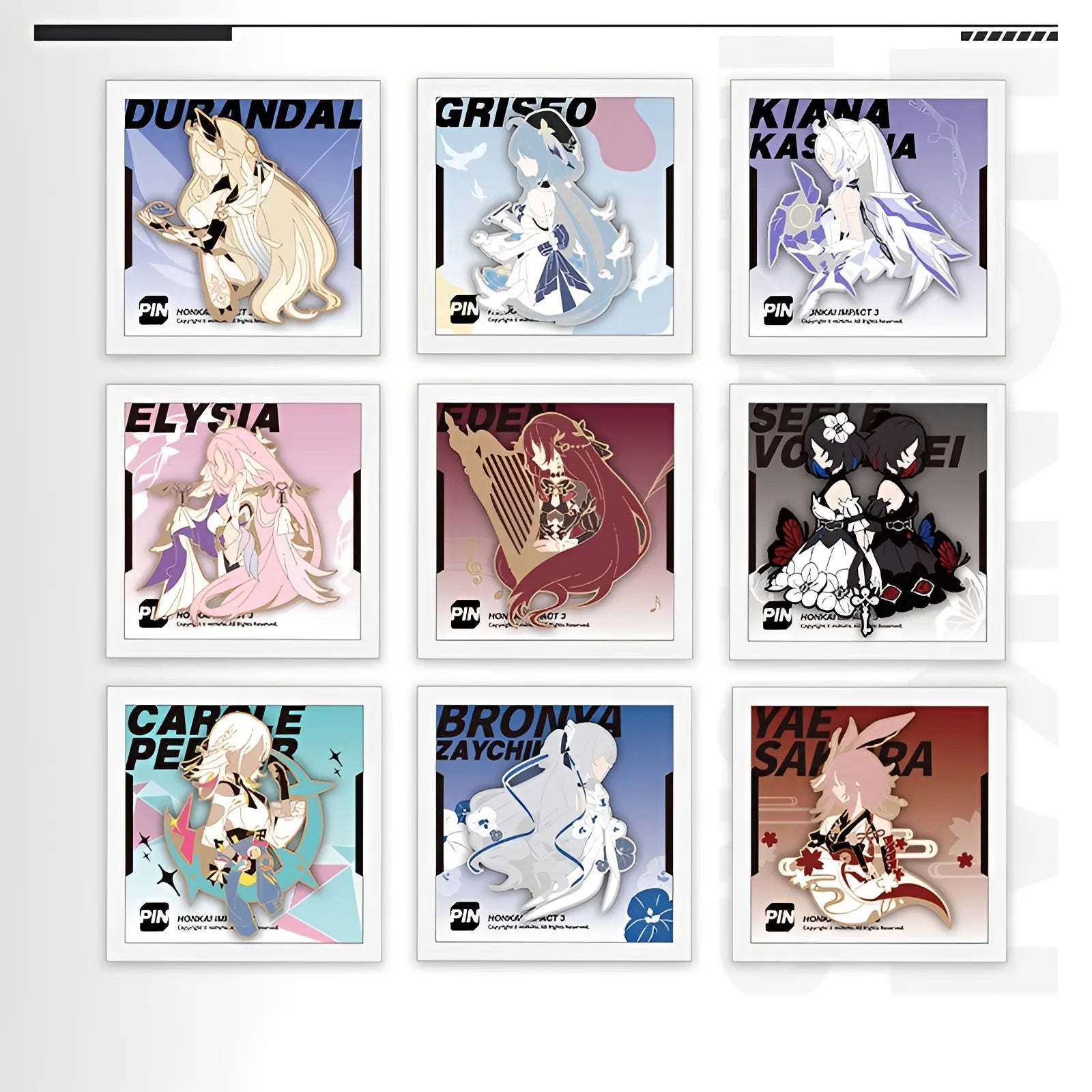 Honkai Impact 3rd Valkyrie Impression metal badge series featuring Durandal Elysia Griseo and Carole zinc alloy collectible pins