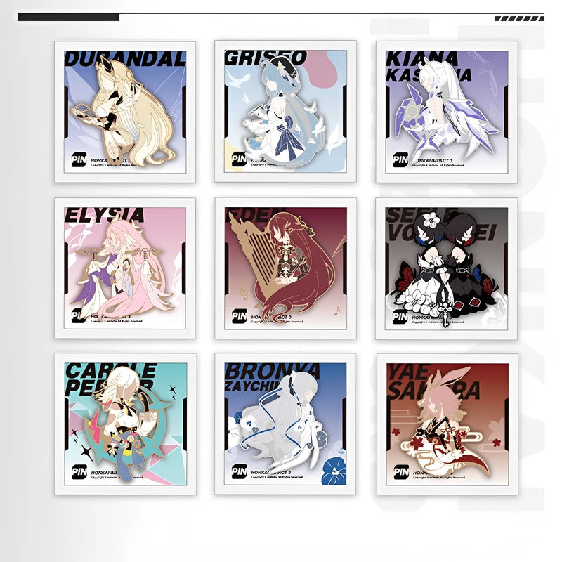 Honkai Impact 3rd Valkyrie Impression metal badge series featuring Durandal Elysia Griseo and Carole zinc alloy collectible pins