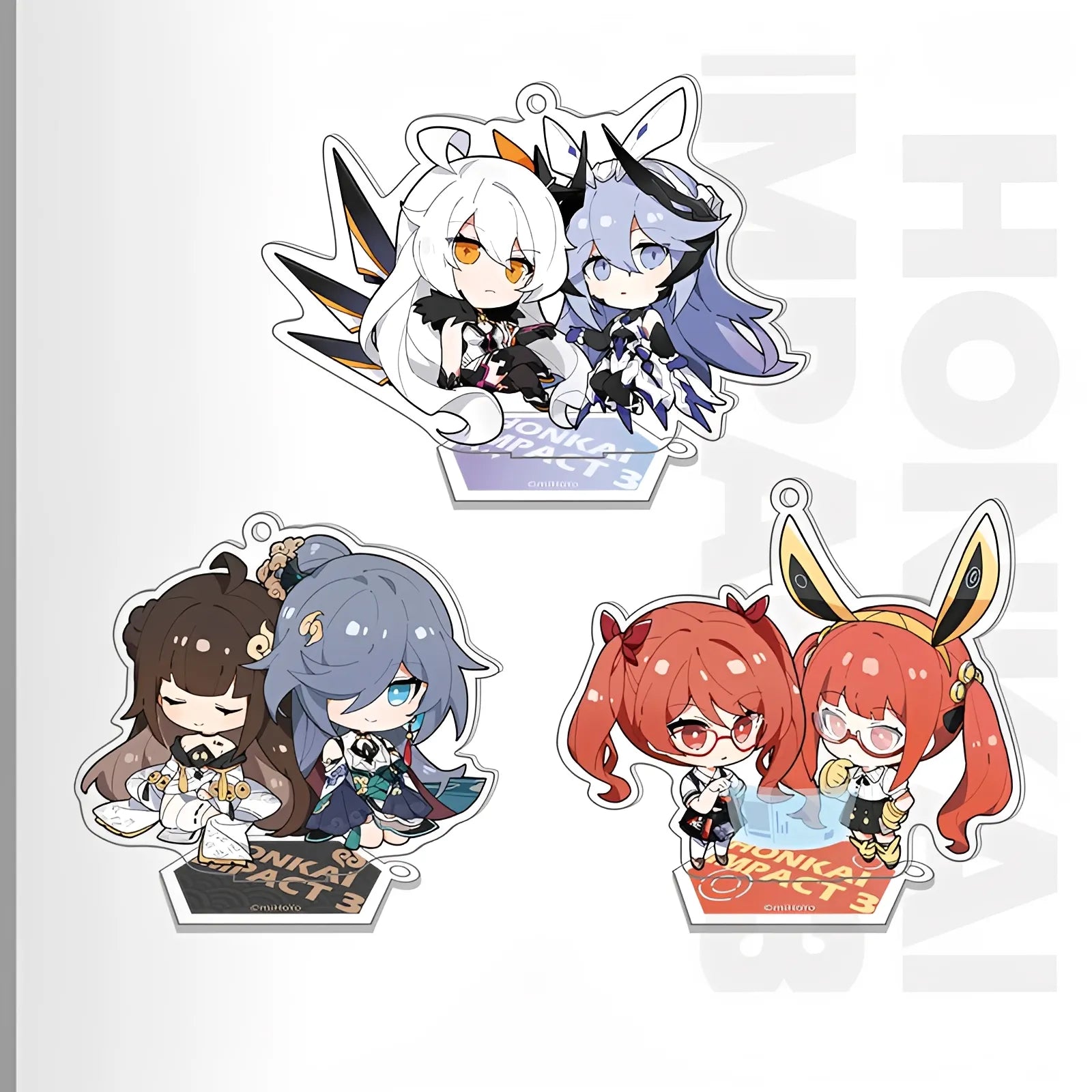 Honkai Impact 3rd Weapon Doll Series acrylic keychain collection featuring Book of Fuxi, Herrscher of the Void with Bella, and Tesla with Tesla Zero