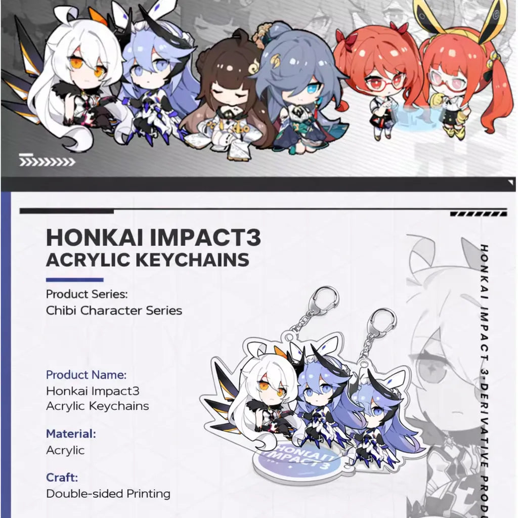 Honkai Impact 3rd Weapon Doll Series acrylic keychain product details showing chibi character design and acrylic craftsmanship