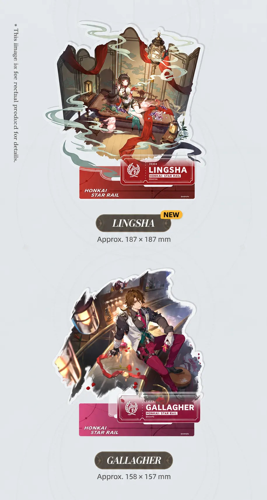 Lingsha and Gallagher Abundance acrylic standees with themed display bases