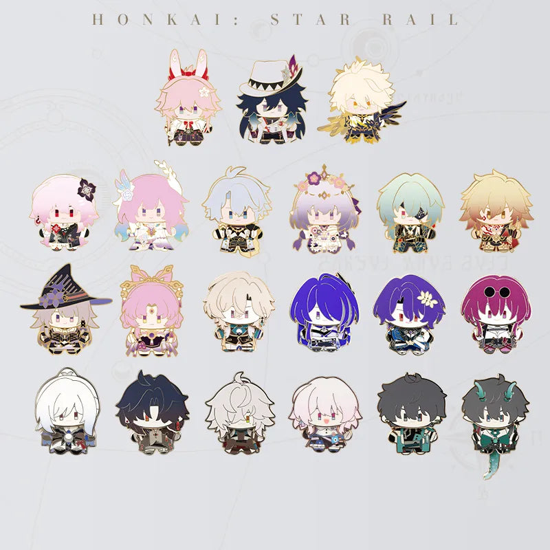 Honkai Star Rail Chibi Doll Series collection featuring 21 character metal badge designs
