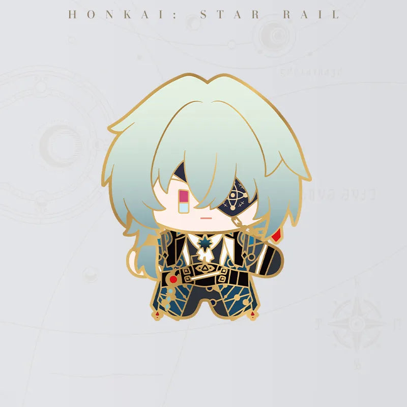 Honkai Star Rail Anaxa Chibi Doll Series metal badge featuring teal hair and eyepatch