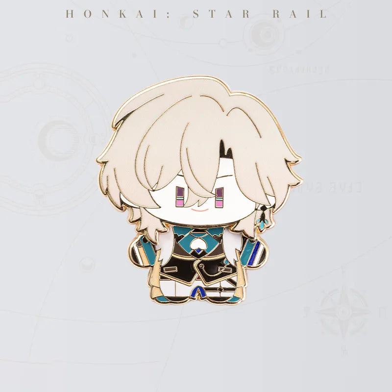 Honkai Star Rail Aventurine Chibi Doll Series metal badge featuring blond hair and teal clothing