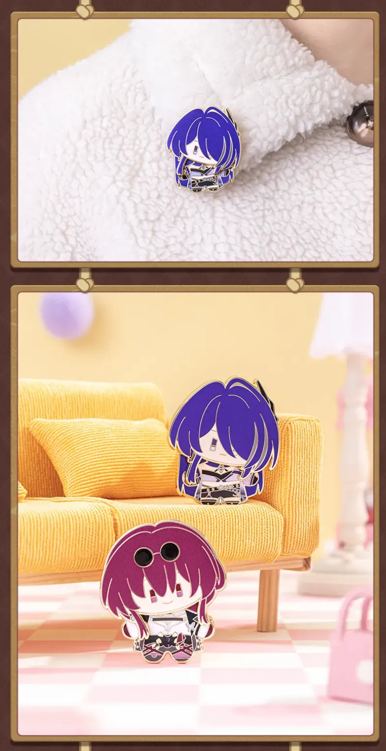 Chibi Doll Series character metal badges showing colorful printed artwork and glitter accents