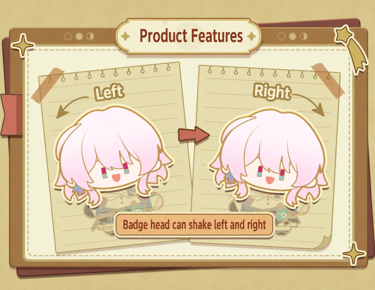 Chibi Doll Series metal badge showing the movable head tilting left and right