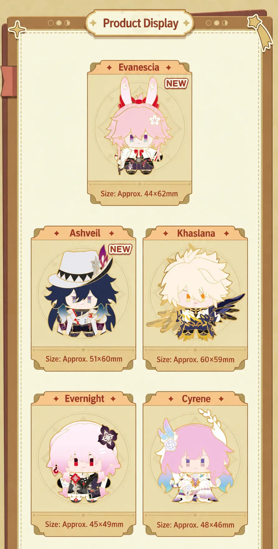 Chibi metal badges featuring Evanescia Ashveil Khaslana Evernight and Cyrene with dimensions