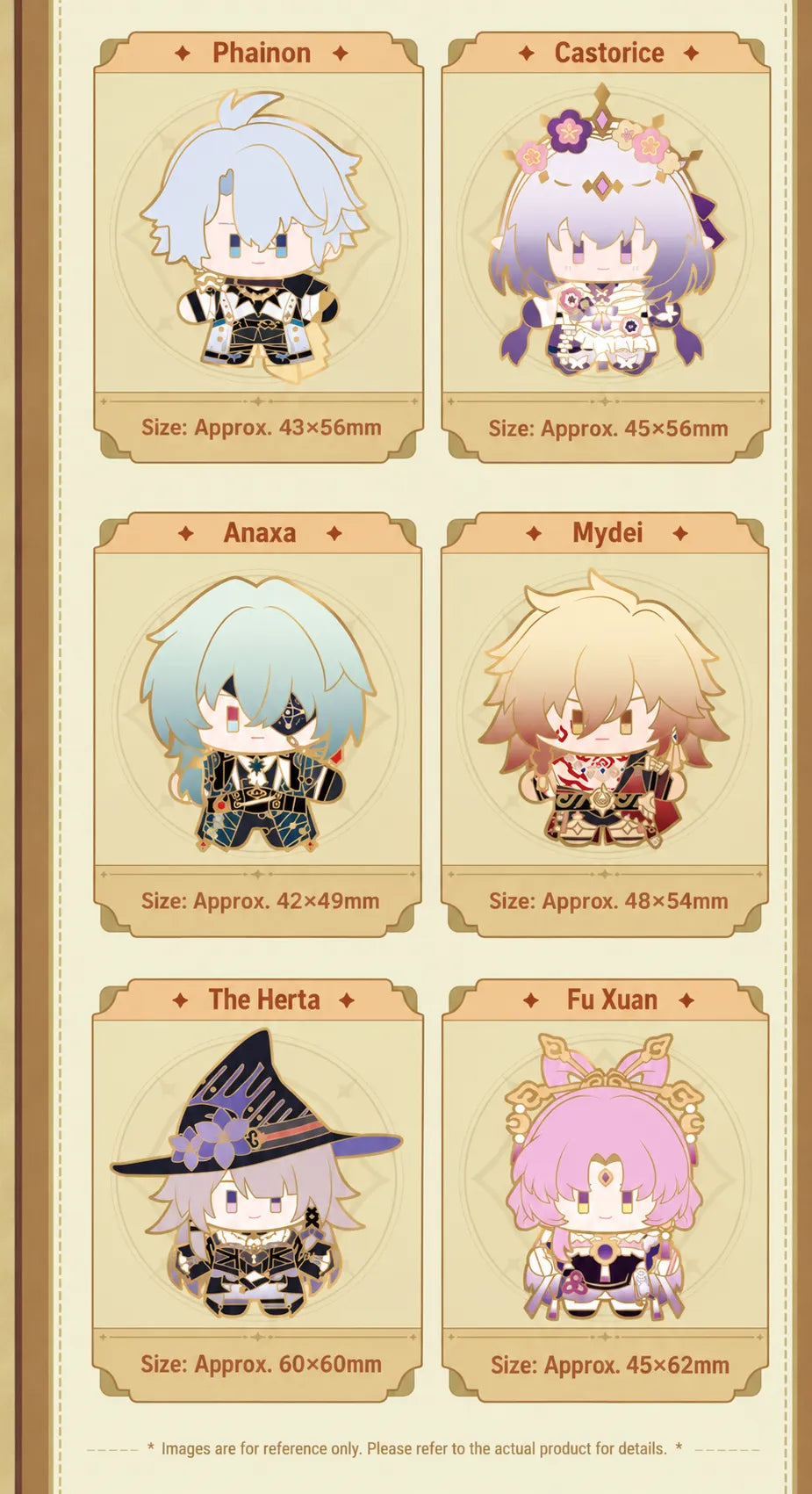 Chibi metal badges featuring Phainon Castorice Anaxa Mydei The Herta and Fu Xuan with dimensions
