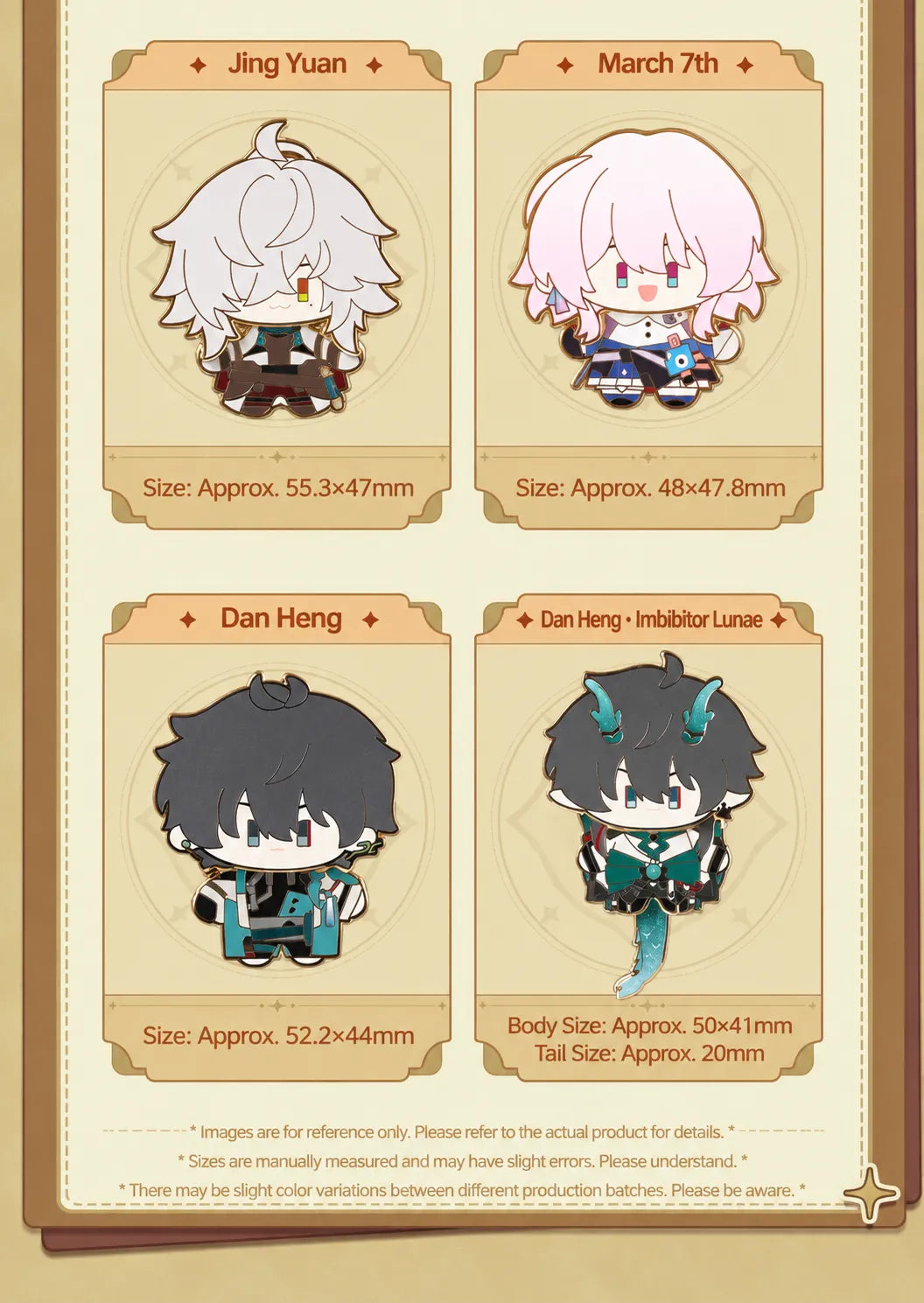 Chibi metal badges featuring Jing Yuan March 7th Dan Heng and Imbibitor Lunae with dimensions