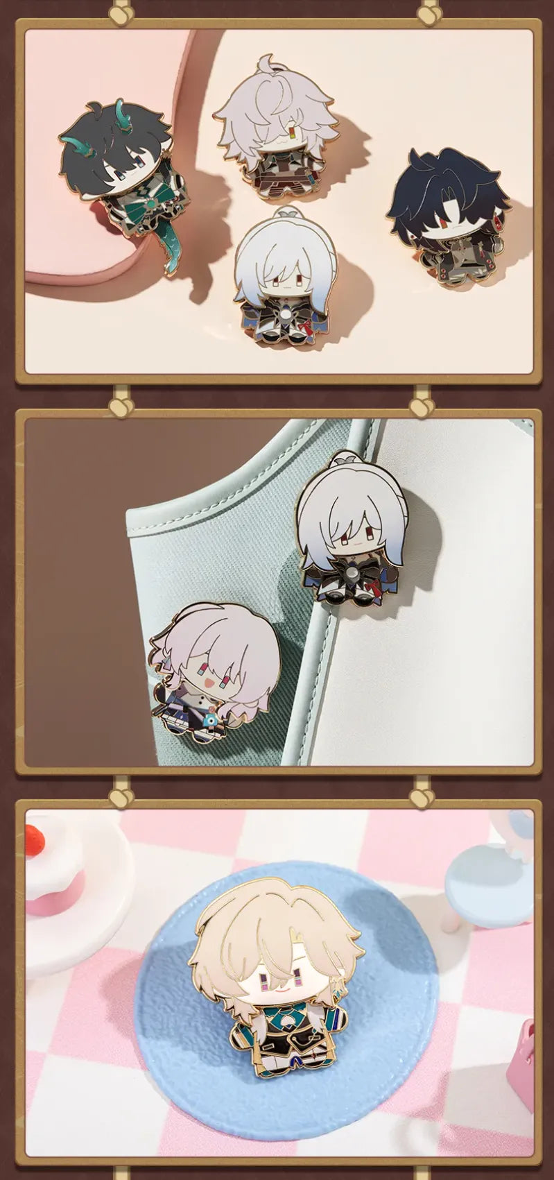 Honkai Star Rail Chibi Doll Series metal badges featuring detailed character designs and metallic outlines