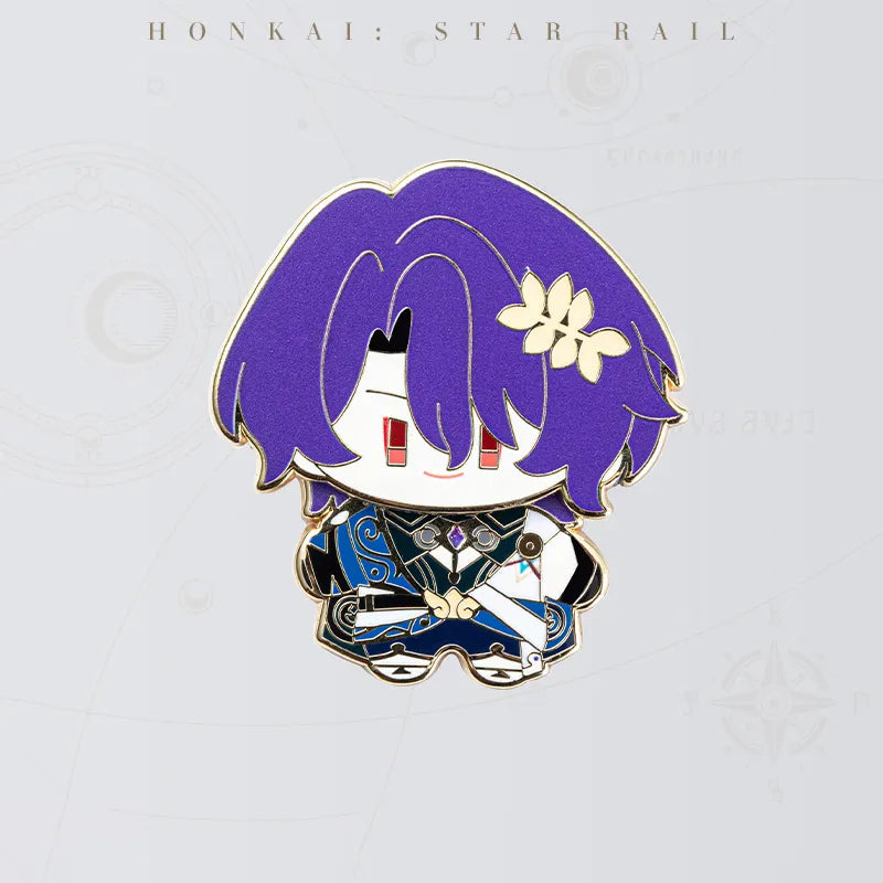 Honkai Star Rail Dr. Ratio Chibi Doll Series metal badge featuring purple hair and floral decoration