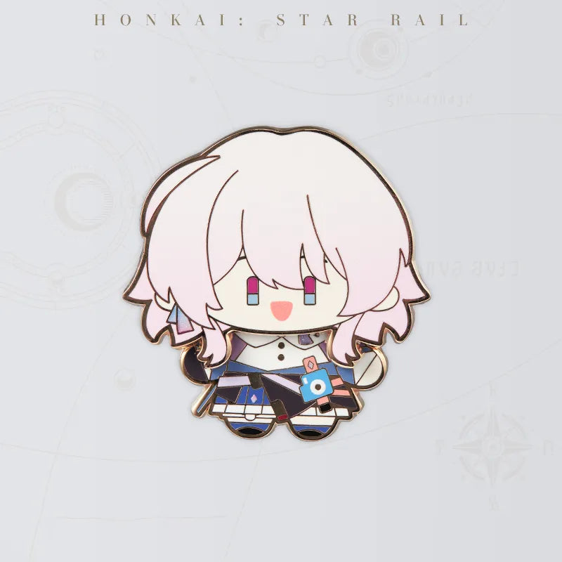 Honkai Star Rail March 7th Chibi Doll Series metal badge featuring pink hair and cheerful expression