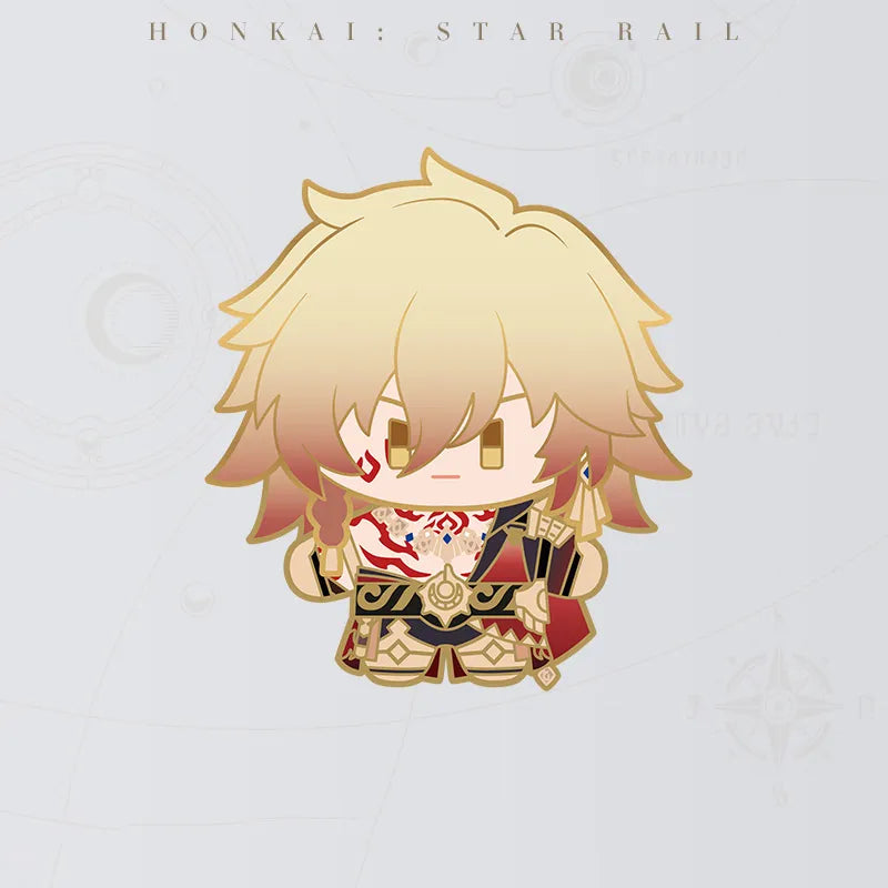 Honkai Star Rail Mydei Chibi Doll Series metal badge featuring blond hair and red gold outfit