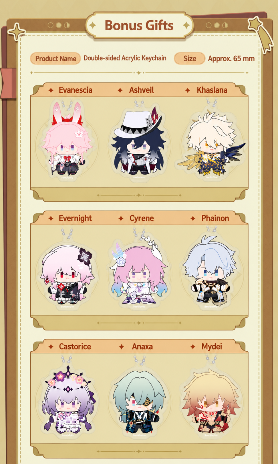Chibi Doll Series matching double-sided acrylic keychains featuring Evanescia Ashveil Khaslana Evernight Cyrene Phainon Castorice Anaxa and Mydei