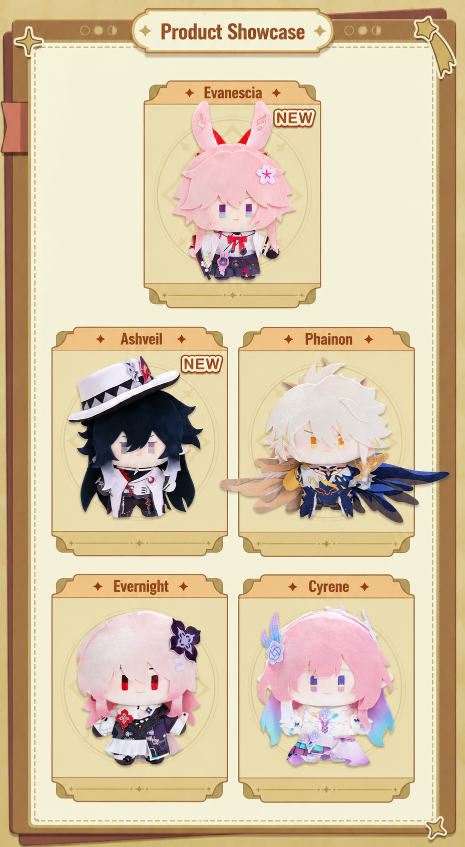 Chibi Doll Series plush dolls featuring Evanescia Ashveil Phainon Evernight and Cyrene