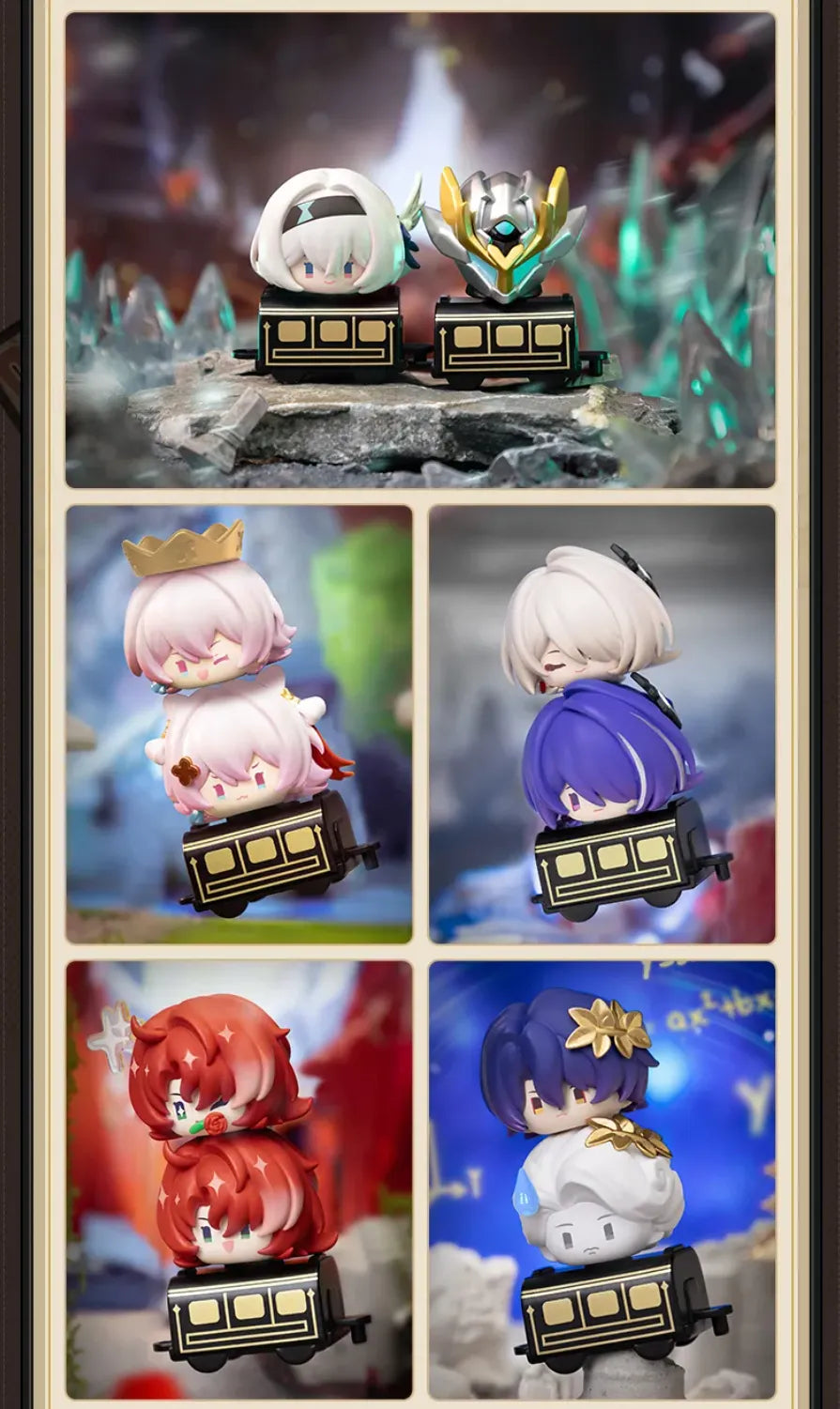 Chibi Stack-Up figures featuring Aventurine Firefly and Sam in train-themed displays