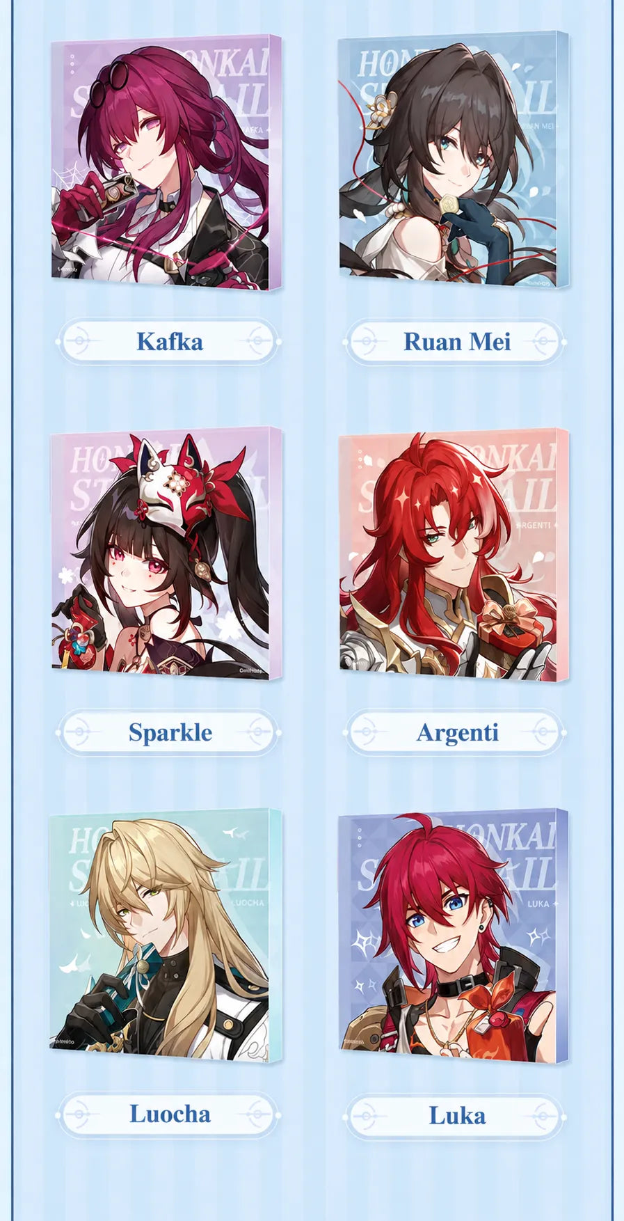 Acrylic display blocks featuring Kafka, Ruan Mei, Sparkle, Argenti, Luocha and Luka
